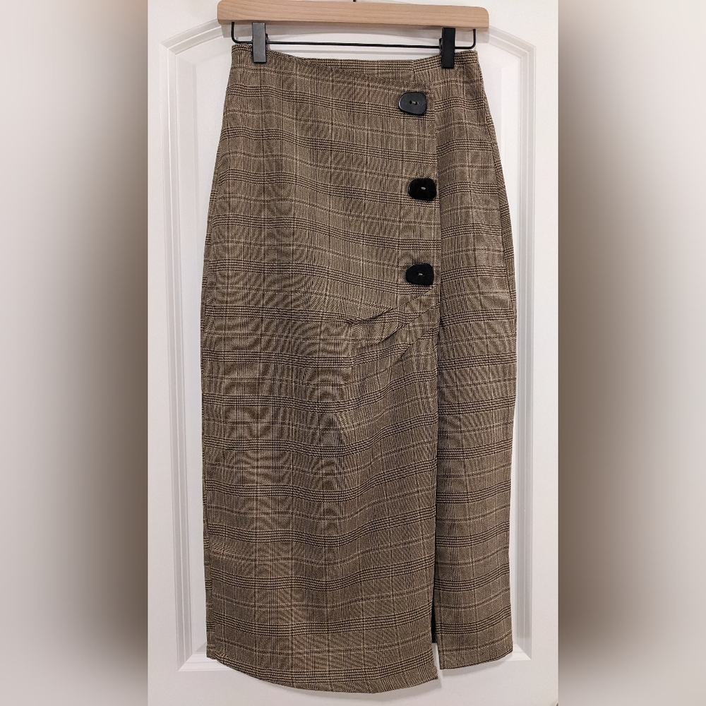 NWOT Brown Plaid Midi Skirt Size XS